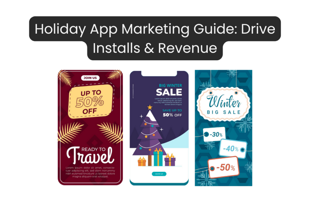 This banner image represents the article title “How to Utilize the Holiday Season to Drive App Installs and Revenue.” It visually conveys holiday-themed app marketing concepts such as increased downloads, festive promotions, subscription growth, and revenue spikes. The image includes seasonal elements combined with mobile app store visuals, analytics charts, and promotional cues to clearly describe the core keyword focus on holiday app growth strategies. The purpose of this image is to reinforce topical relevance, improve accessibility, and support SEO by visually explaining how holiday campaigns drive installs and monetization. Created as part of Studio Mosaic’s app growth framework — /