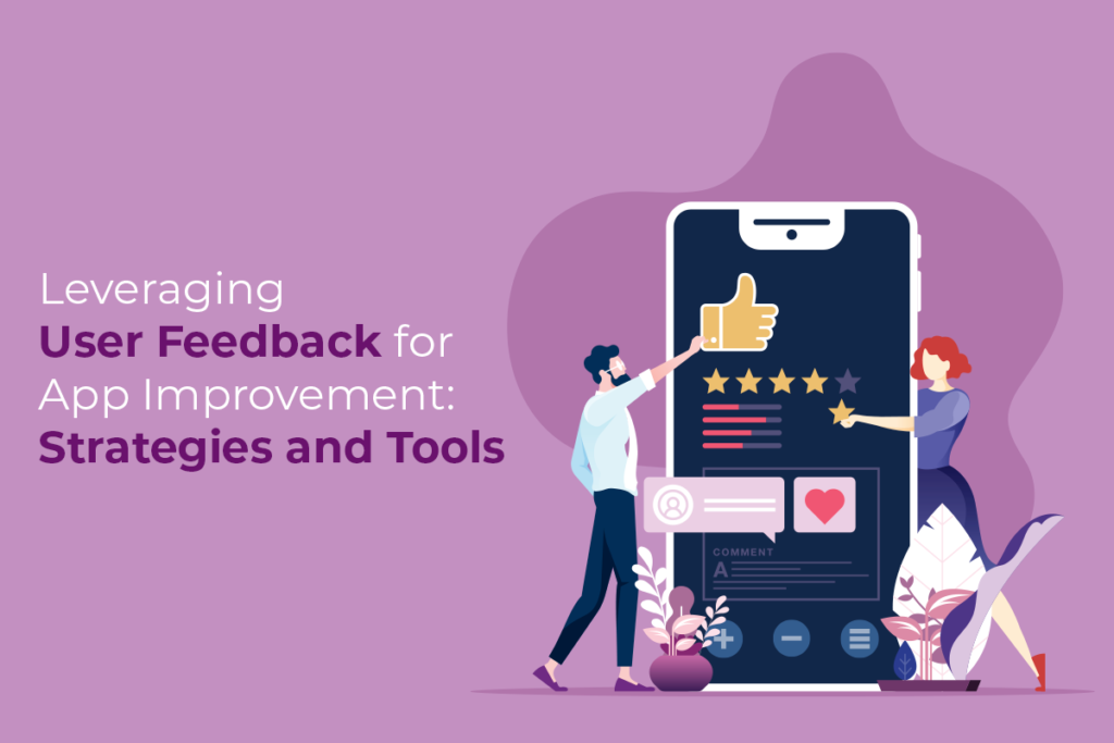Illustration showcasing user feedback collection and analysis, with feedback forms, data analysis, and app improvements